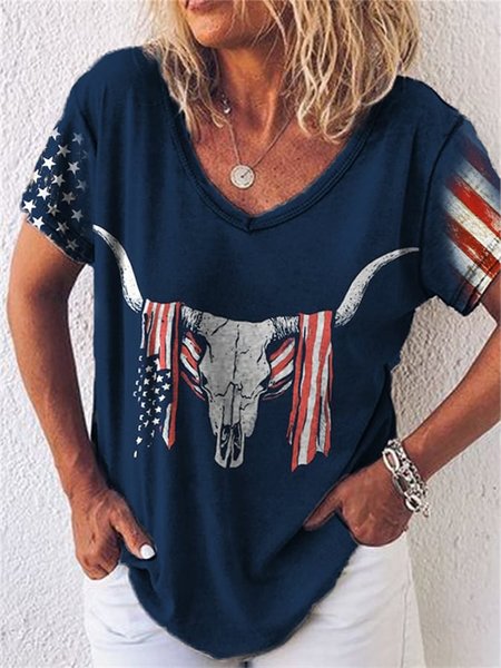 

Casual America Flag V Neck Short Sleeve T-shirt, Blue, T-shirts