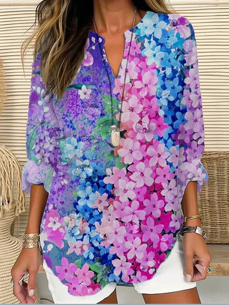 

Notched Long Sleeve Floral Regular Loose Shirt For Women, Purple, Blouses