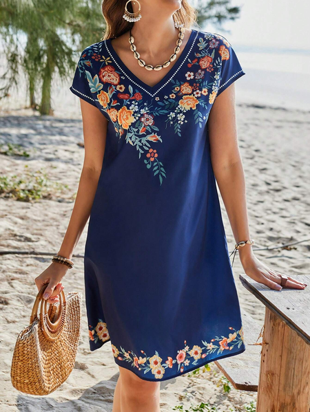 

Women's Short Sleeve Summer Floral V Neck Daily Going Out Vacation Midi H-Line Dark Blue, Dresses
