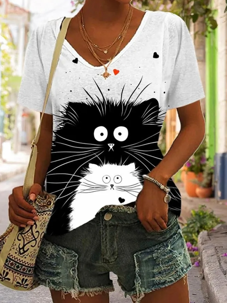

Casual Cat V Neck Short Sleeve T-shirt, White, T-shirts