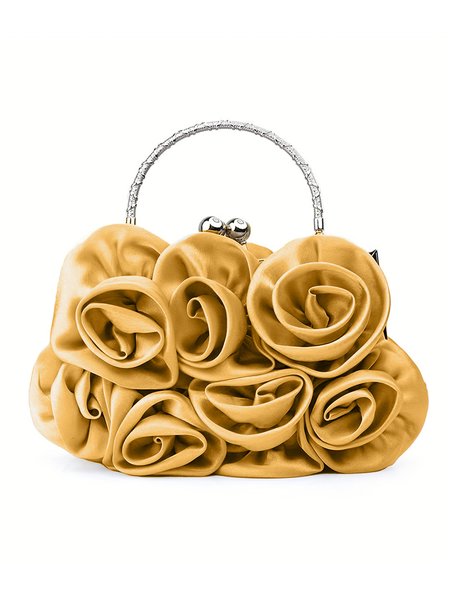 Elegent Flower Decorated Satin Metal Handle Evening Clutch with Chain Strap, Champagne, Bags