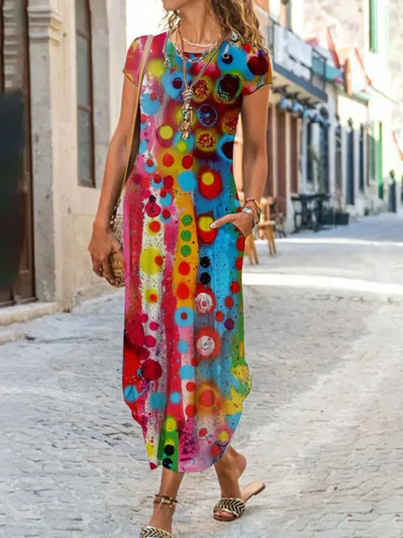 

Women Abstract Crew Neck Short Sleeve Comfy Casual Buckle Maxi Dress, Multicolor, Dresses