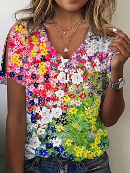 

Casual Floral V Neck Short Sleeve T-shirt, Multicolor, T-shirts