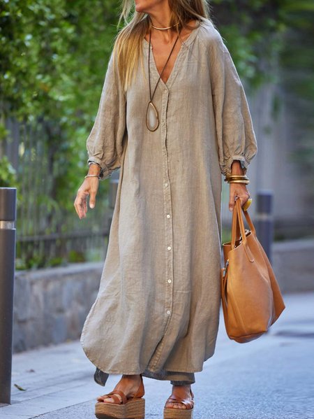 

Plain Casual Notched Cotton Shirt Dress, Khaki, Dresses