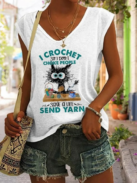 

Casual V Neck Animal Tank Top, White, Tanks & Camis