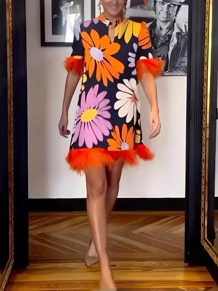 

Elegant Stand Collar Regular Fit Short Sleeve Mini Dress, As picture, Mini Dresses