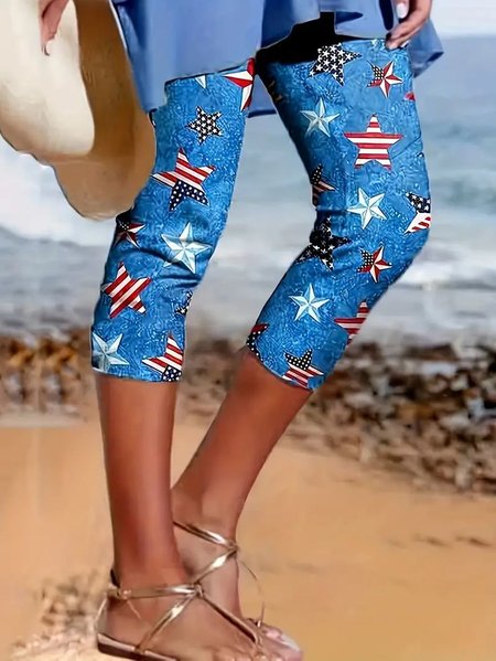 

Casual America Flag Text Letters Capris Leggings, Blue, Leggings