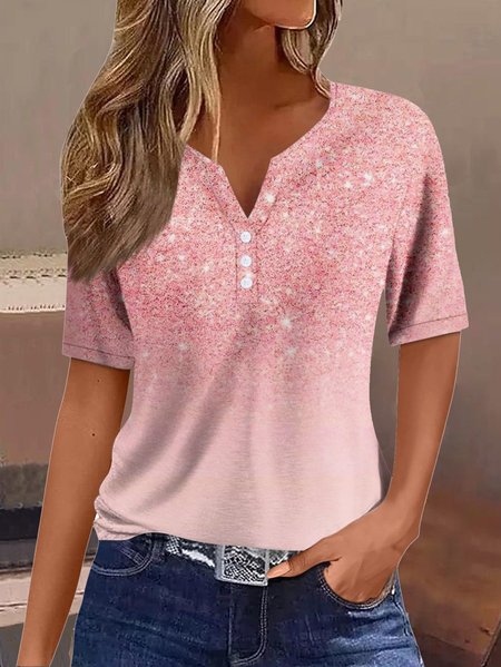 

Notched Casual Random Print Knitted T-Shirt, Pink, T-shirts