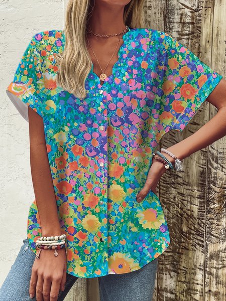 

Scoop Neck Short Sleeve Floral Regular Loose Shirt For Women, Green, Shirts