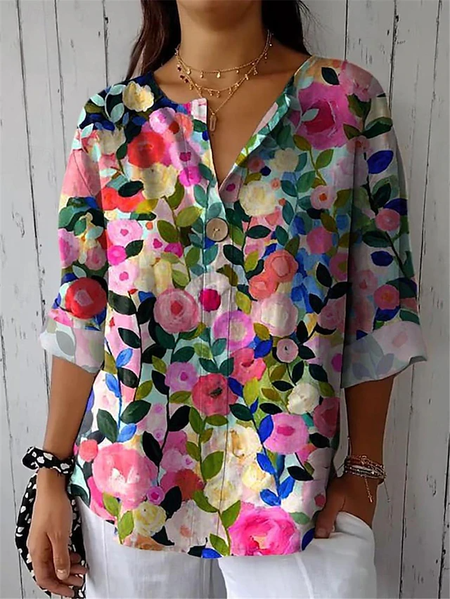 

Crew Neck Short Sleeve Floral Regular Loose Shirt For Women, Multicolor, Blouses