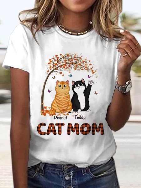 

Casual Cat Crew Neck Short Sleeve T-shirt, White, T-shirts