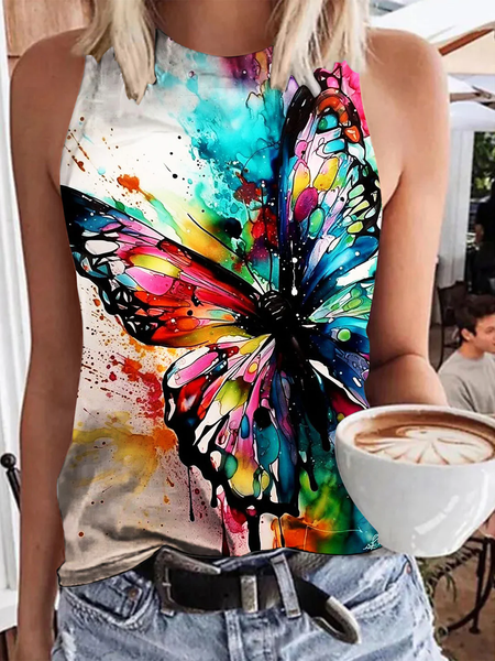 

Casual Crew Neck Butterfly Tank Top, Multicolor, Tanks & Camis