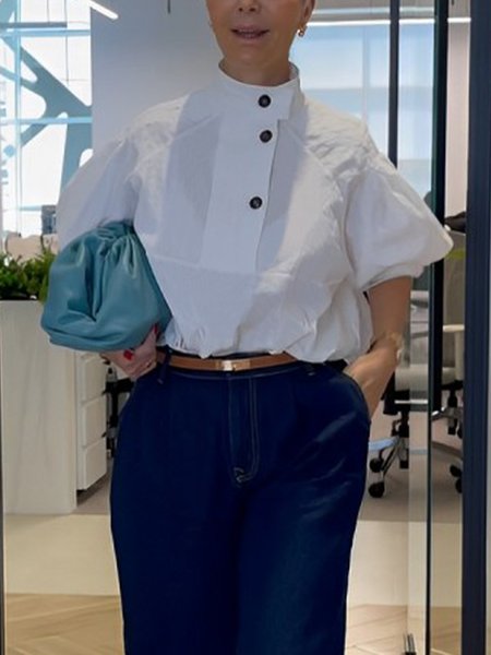 

Urban Stand Collar Loose Short Sleeve Plain Shirt, White, Blouses and Shirts