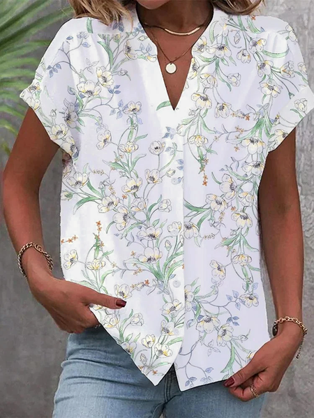 

Notched Short Sleeve Floral Regular Loose Blouse For Women, White, Shirts
