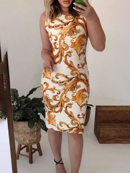 

Crew Neck Elegant Tight Plants Dress, Yellow, Midi Dresses