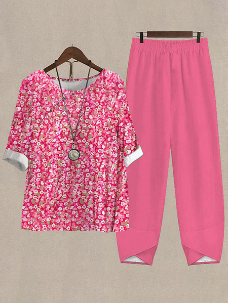 

Women's Ditsy Floral Daily Going Out Two Piece Set Three Quarter Sleeve Linen Summer Top With Pants Matching Set Pink, Suit Set