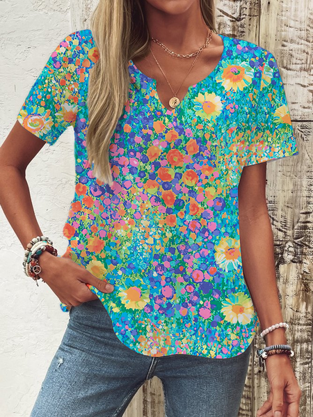 

Casual Floral Notched Short Sleeve T-shirt, Multicolor, T-shirts