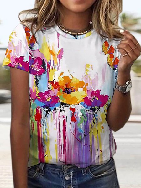 

Women's Short Sleeve Tee T-shirt Summer Floral Jersey V Neck Daily Going Out Casual Top Red, T-Shirts