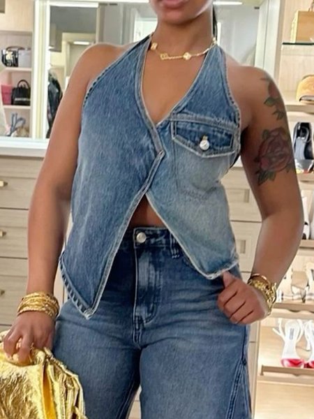

Casual Plain Regular Fit Halter Denim Top, Blue, Vests and Gilets