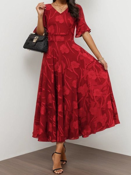 

Women's Short Sleeve Summer Floral Dress V Neck Bell Sleeve Elegant Wedding Guest Blue Flowy Maxi Dress, Red, Dresses