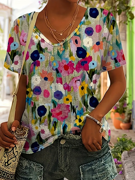 

Casual Floral V Neck Short Sleeve T-shirt, Flower, T-shirts