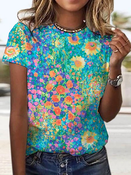 

Casual Floral Crew Neck Short Sleeve T-shirt, Green, T-shirts