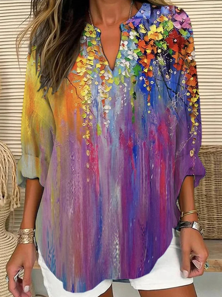 

Notched Long Sleeve Floral Regular Loose Shirt For Women, Multicolor, Blouses