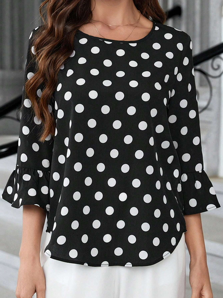 

Women's Three Quarter Sleeve Blouse Summer Polka Dots Crew Neck Ruffle Sleeve Daily Going Out Simple Top Black, Shirts & Blouses