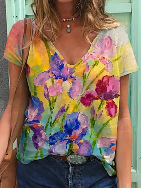 

Casual Floral Crew Neck Short Sleeve T-shirt, Flower, T-shirts