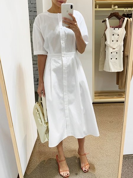 

Elegant Plain Regular Fit Short Sleeve Shirt Dress, White, Midi Dresses