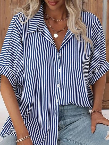 

Women's Short Sleeve Shirt Summer Striped Shirt Collar Daily Going Out Casual Top Blue, Shirts