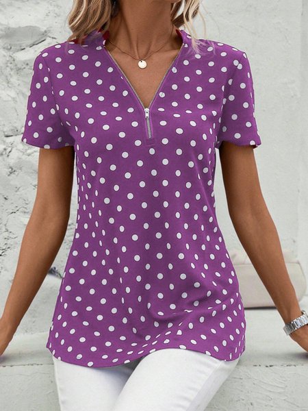 

Women's Short Sleeve Shirt Summer Dark Blue Polka Dots Zipper V Neck Going Out Top, Purple, Blouses & Shirts