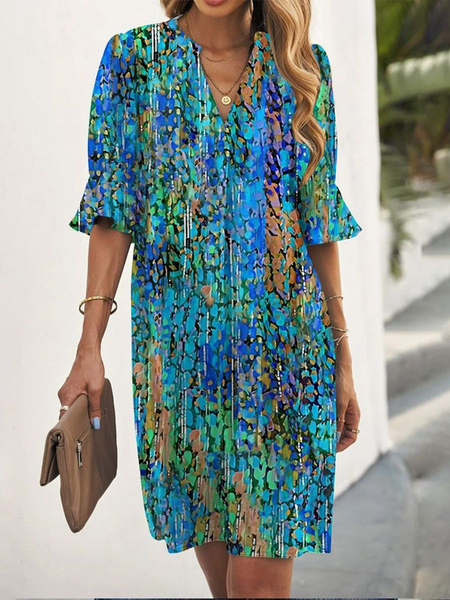 

Women's Short Sleeve Summer Abstract V Neck Daily Going Out Casual Mini H-Line Blue, Dresses