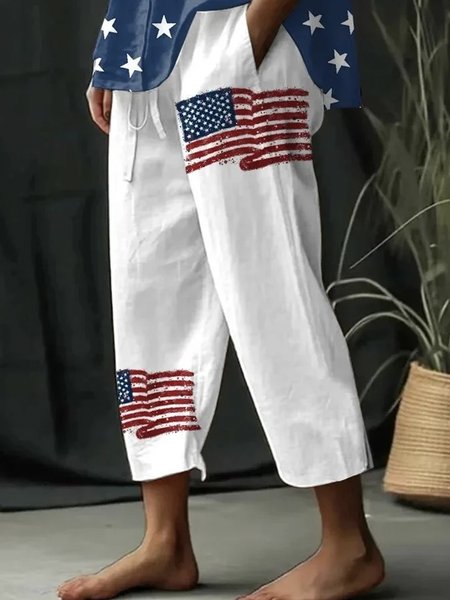 

Pocket Stitching Casual Loose Independence Day Pants With, White, Pants
