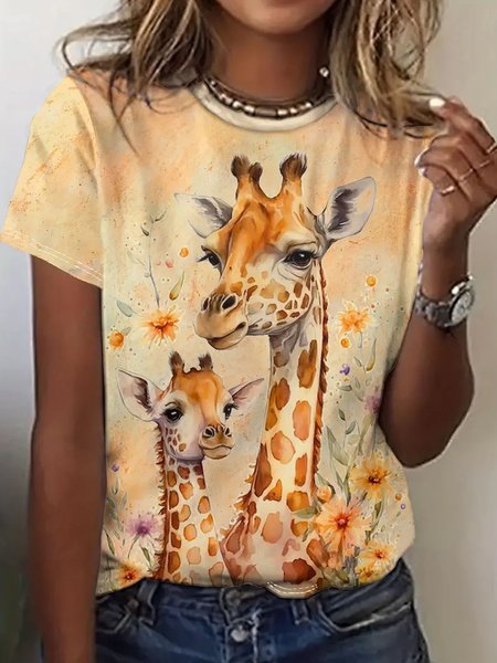 Vibrant Giraffe Floral Print T-shirt, Yellow, T-shirts