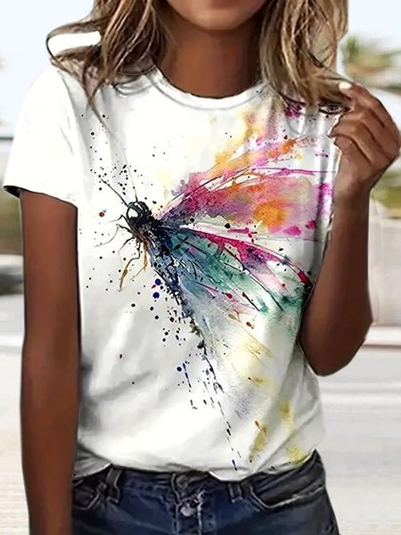 Casual Dragonfly Crew Neck T-Shirt, White, T-shirts