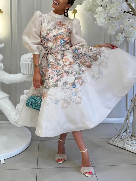 

Floral Elegant Regular Fit Midi Dress With Belt, As picture, Maxi Dresses