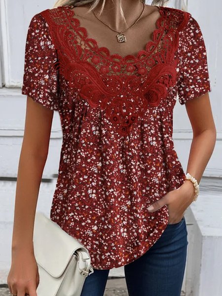

V Neck Short Sleeve Floral Lace Regular Loose Shirt For Women, Red, Blouses
