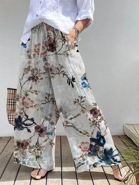 

Floral Loose Vacation Pants, As picture, Pants