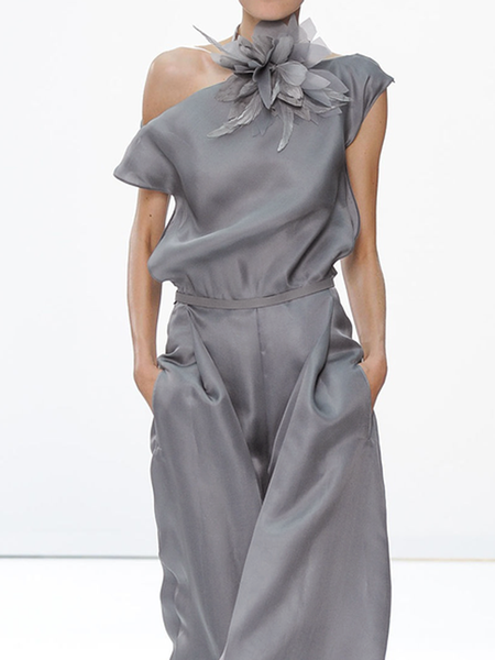 

Elegant Loose Asymmetrical Short Sleeve Plain Shirt, Gray, Blouses and Shirts