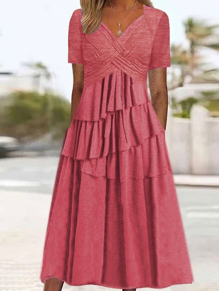 

Women Plain V Neck Short Sleeve Comfy Casual Maxi Dress, Rose red, Dresses
