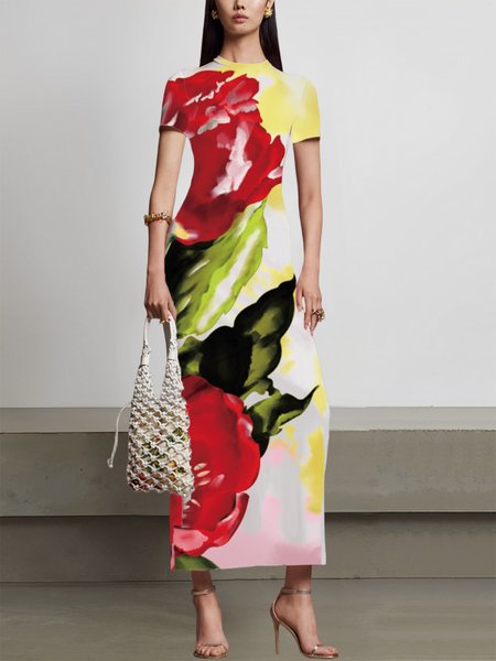 

Crew Neck Floral Elegant Short Sleeve Maxi Dress, As picture, Maxi Dresses