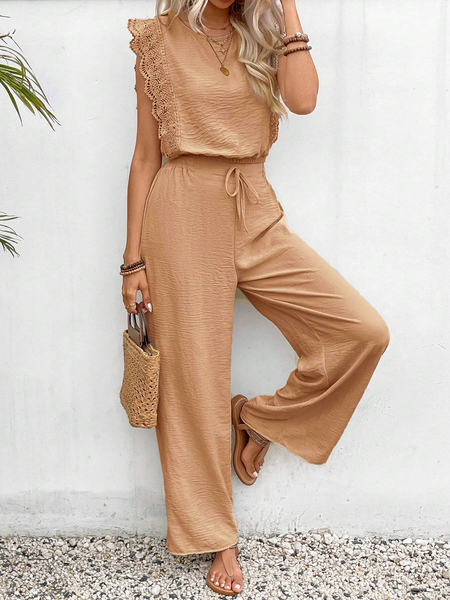 

Women's Lace Plain Daily Going Out Two-Piece Set Khaki Casual Summer Top With Pants Matching Set, Suit Set