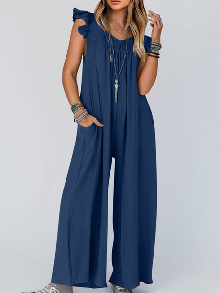 

Women's H-Line Crew Neck Daily Going Out Casual Peplum Plain Summer Long Jumpsuit, Dark blue, Jumpsuits＆Rompers