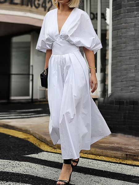 

Regular Fit Plain V Neck Short Sleeve Cotton Elegant Maxi Dress, White, Maxi Dresses