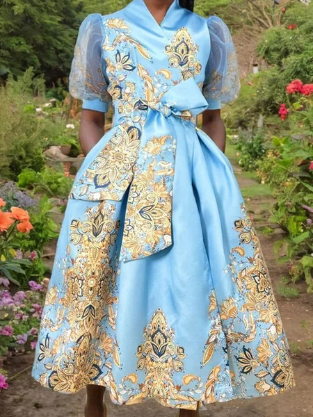 

Regular Fit Cross Neck Elegant Light Blue Dress With Belt, Maxi Dresses