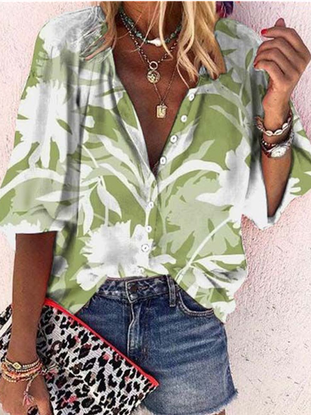 

Half Sleeve Floral Regular Loose Blouse For Women, Green, Shirts