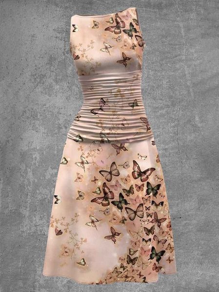 

Women Butterfly Crew Neck Sleeveless Comfy Casual Midi Dress, Apricot, Dresses