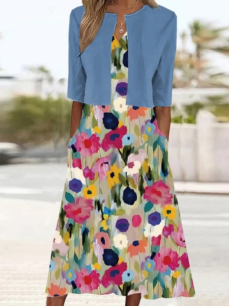 

Women Floral Half Sleeve Comfy Casual Coat With Skirt Two-Piece Set, Blue, Sets