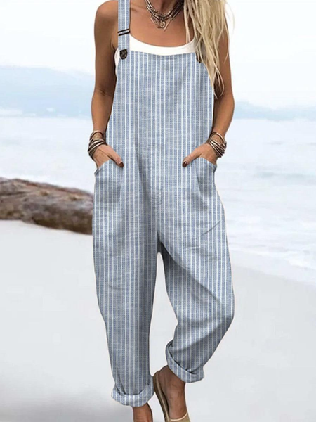 

Women's H-Line Spaghetti Daily Going Out Casual Striped Summer Long Jumpsuit Romper, Blue, Jumpsuits＆Rompers